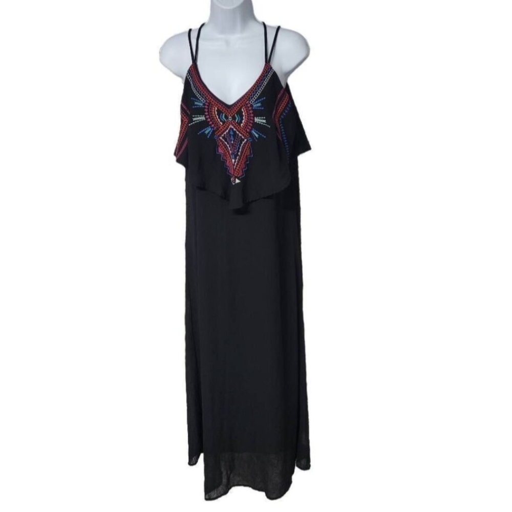Xhilaration Dress Black Size XXL Maxi Embroidered Lined Thin Shoulder Straps